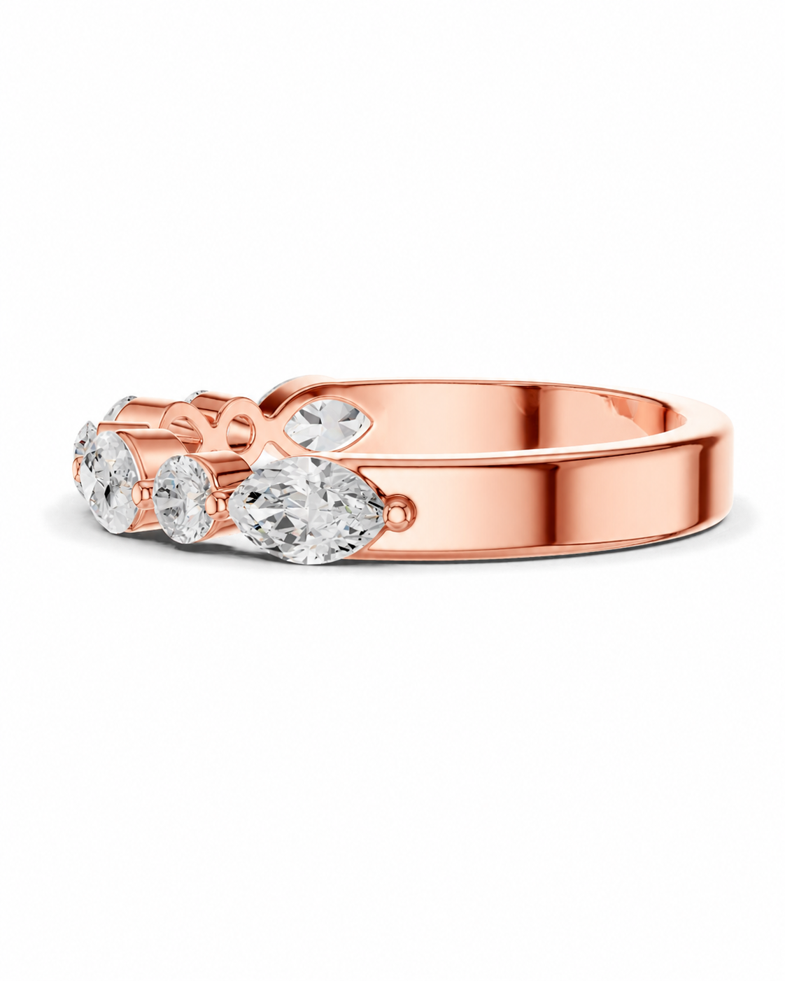 color_10K_RG, color_14K_RG &&A rose gold ring featuring a row of clear round-cut and marquise-cut gemstones in a prong setting, shown on a clean white background.