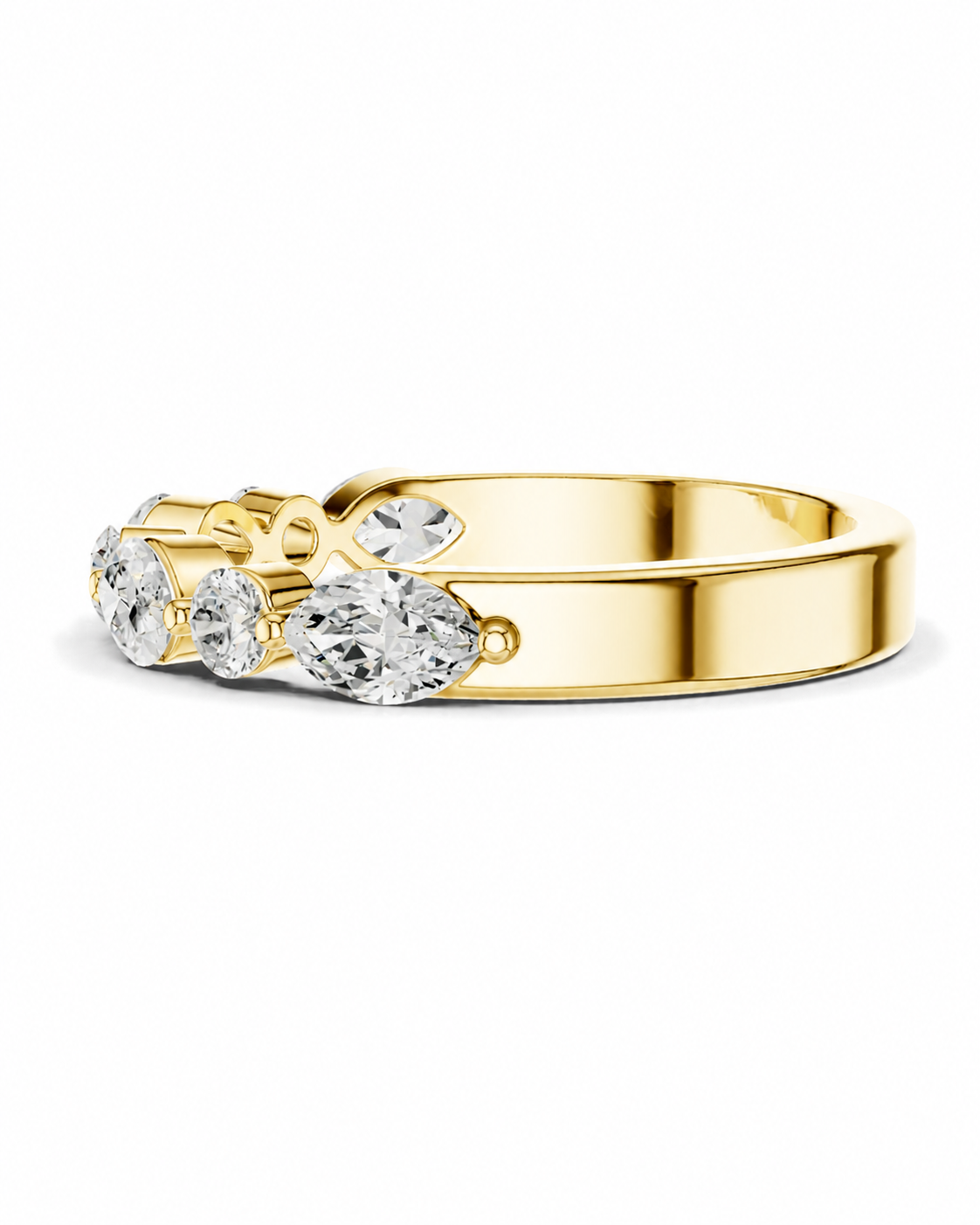 color_10K_YG, color_14K_YG &&A yellow gold ring featuring three marquise-cut clear diamonds in a row, set on a plain white background.