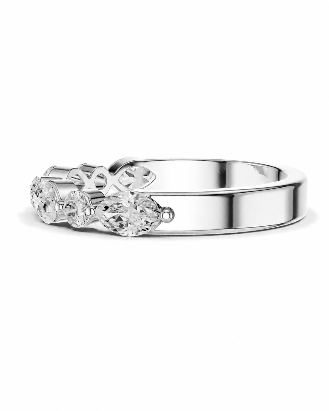 color_925_SIL,color_935_ARG,color_10K_WG, color_14K_WG &&A silver band ring featuring a cluster of clear round-cut gemstones on the left side, photographed against a seamless white background.
