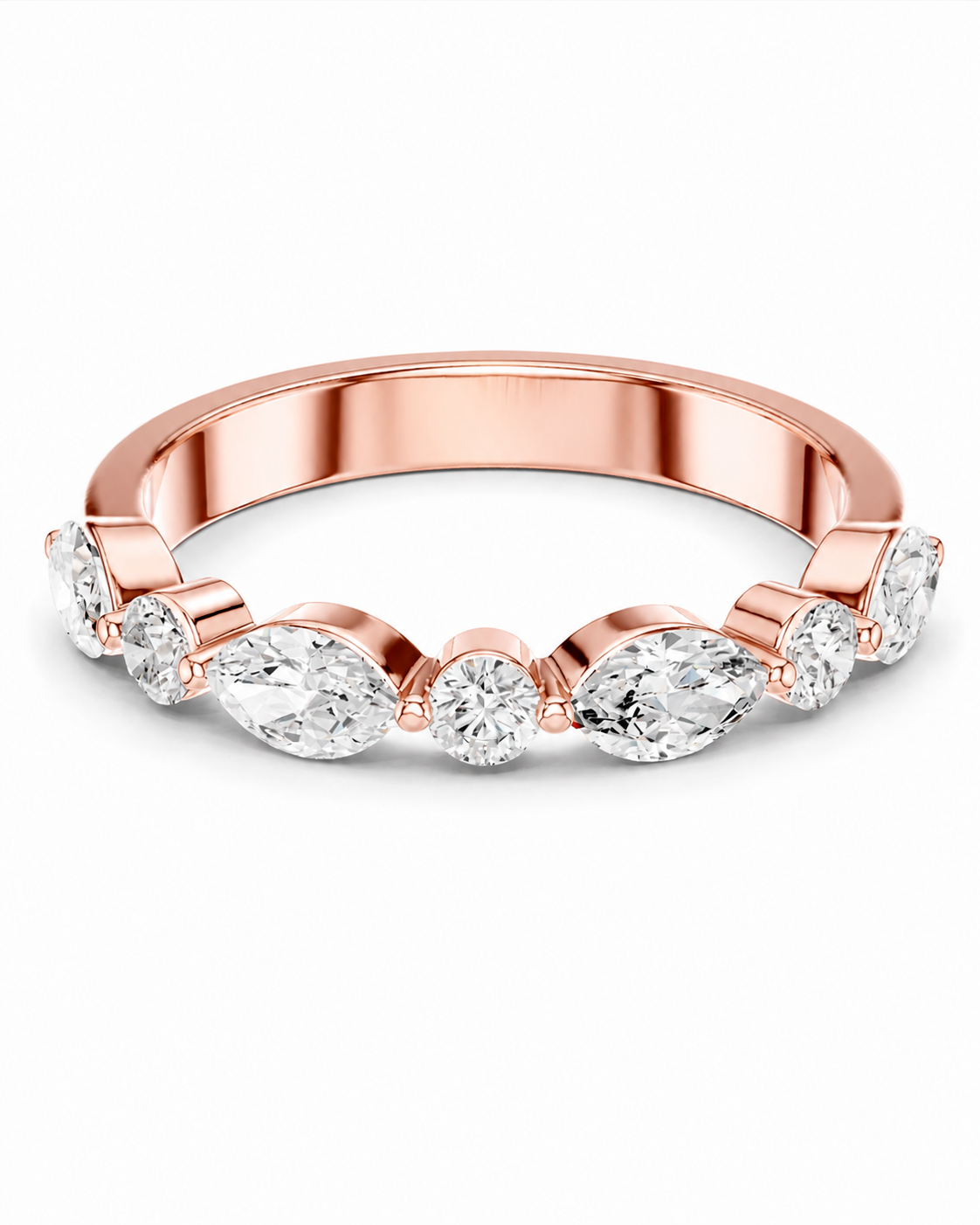 color_10K_RG, color_14K_RG &&A rose gold eternity ring featuring a row of marquise and round brilliant-cut clear gemstones, shown on a clean white background.