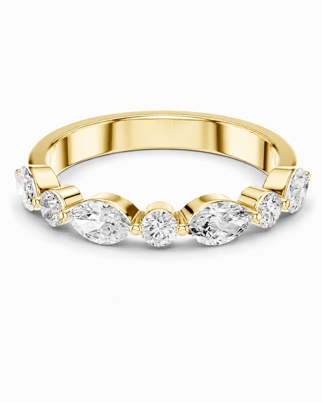 color_10K_YG, color_14K_YG &&A yellow gold eternity-style ring featuring a row of marquise-cut and round brilliant-cut clear gemstones, shown on a clean white background.