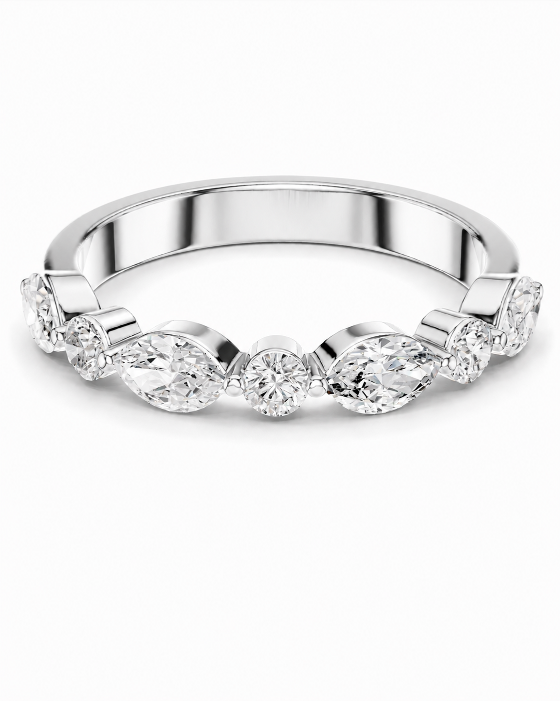 color_925_SIL,color_935_ARG,color_10K_WG, color_14K_WG &&A silver diamond band ring featuring a row of marquise-cut and round-cut diamonds set in a polished silver-colored metal, shown on a clean white background.