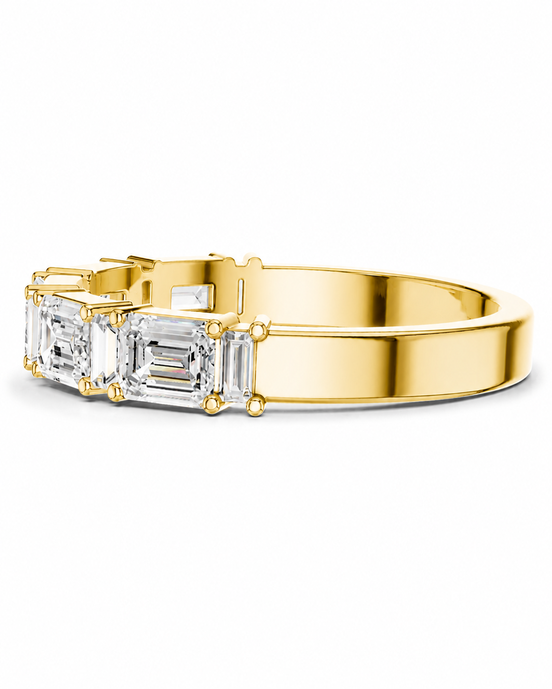 color_10K_YG, color_14K_YG &&A yellow gold ring featuring three emerald-cut clear gemstones in a row, set in a polished gold band, shown against a plain white background.