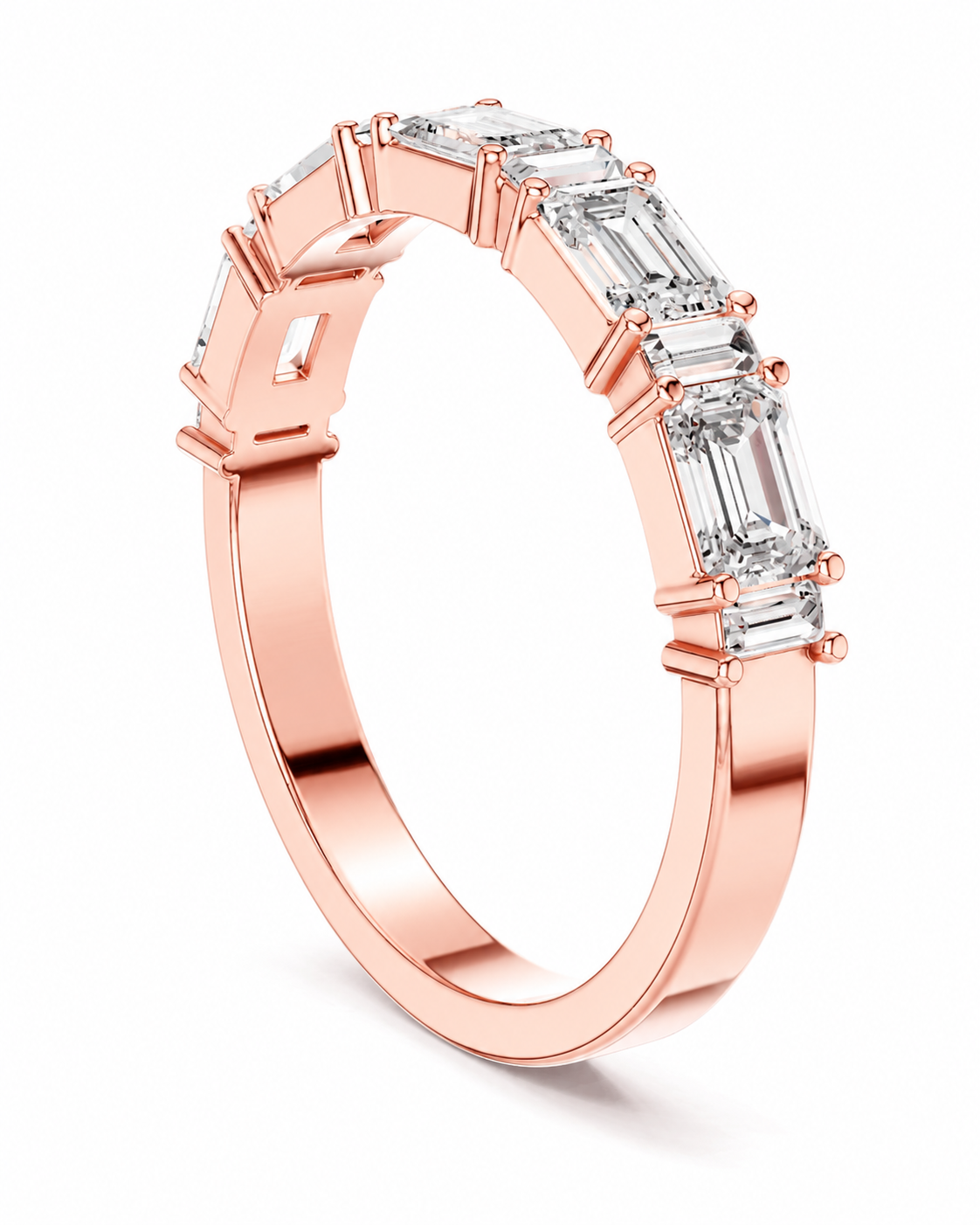 color_10K_RG, color_14K_RG &&A rose gold eternity ring featuring a row of baguette-cut clear diamonds, shown on a clean white background.
