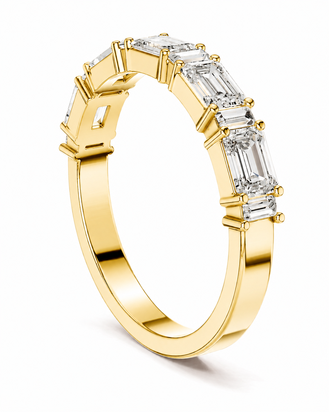 color_10K_YG, color_14K_YG &&A yellow gold eternity ring featuring a row of baguette-cut clear gemstones in a prong setting, shown on a clean white background.