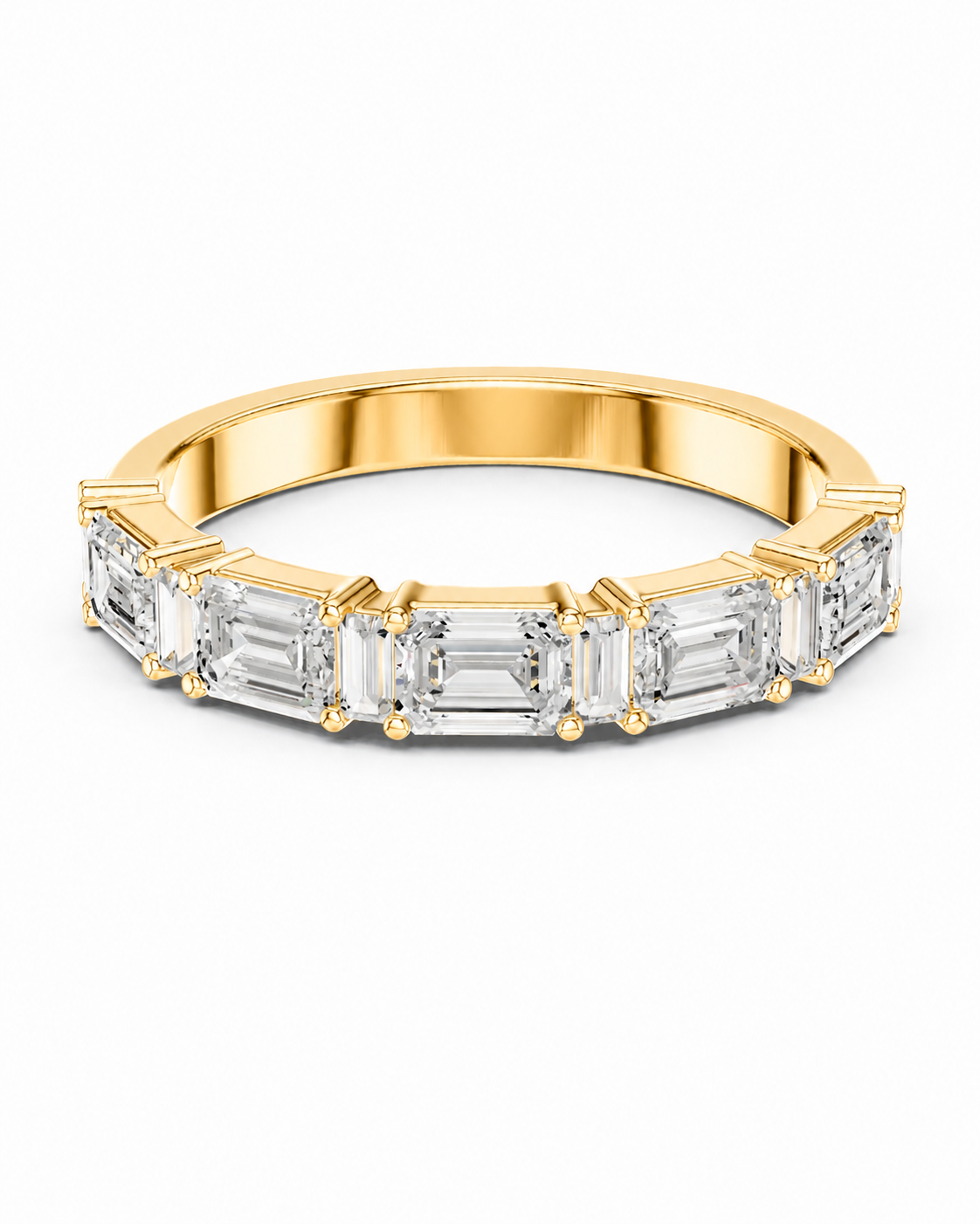 color_10K_YG, color_14K_YG &&A yellow gold eternity ring featuring a row of baguette-cut clear gemstones in a prong setting, shown on a clean white background.