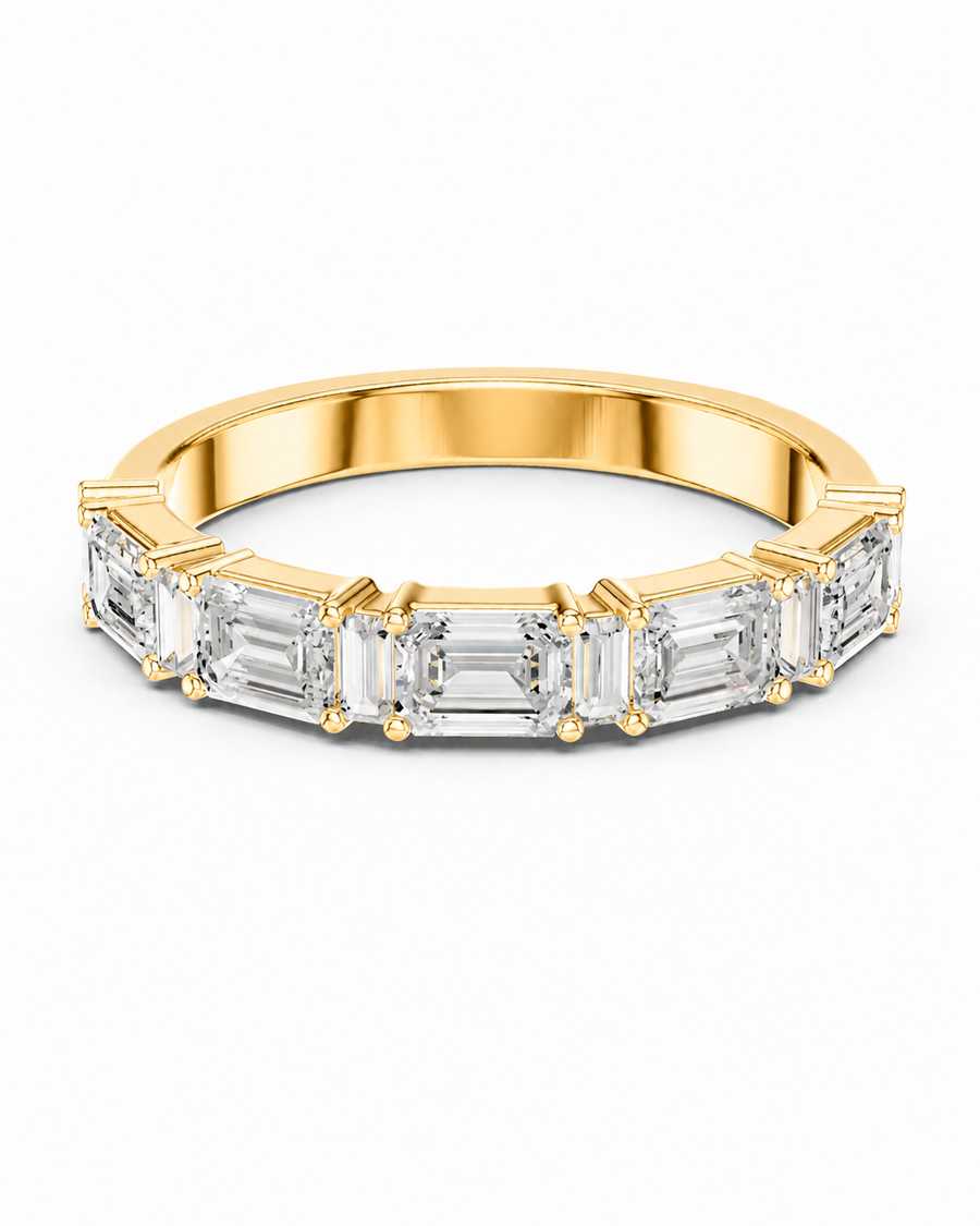 color_10K_YG, color_14K_YG &&A yellow gold eternity ring featuring a row of baguette-cut clear gemstones in a prong setting, shown on a clean white background.