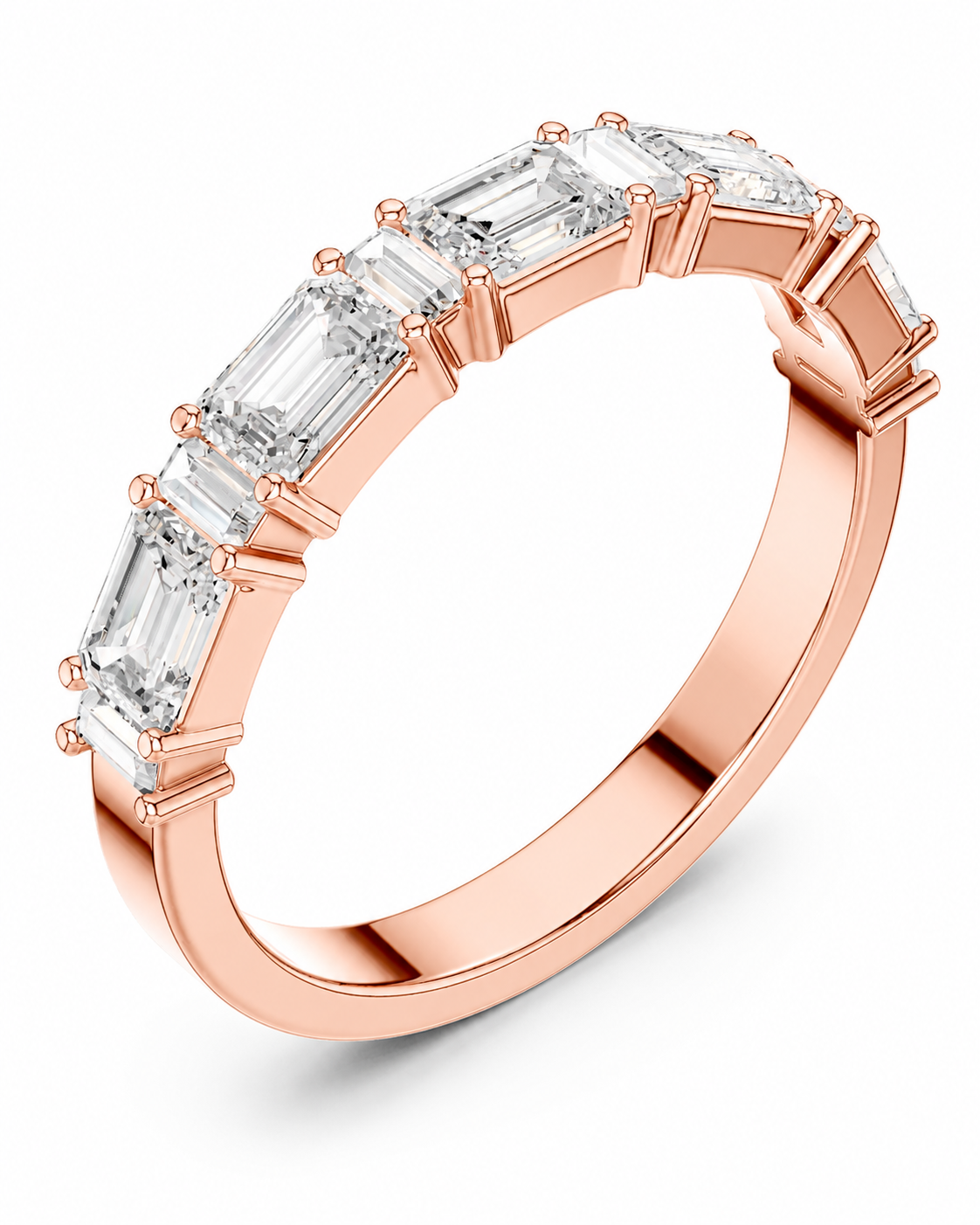 color_10K_RG, color_14K_RG &&A rose gold eternity ring featuring a row of baguette-cut clear diamonds in a prong setting, shown on a clean white background.