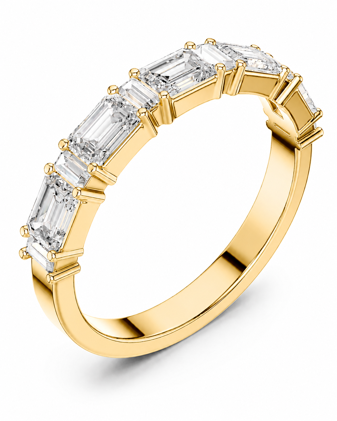 color_10K_YG, color_14K_YG &&A yellow gold eternity-style ring featuring a row of baguette-cut clear gemstones, shown on a clean white background.