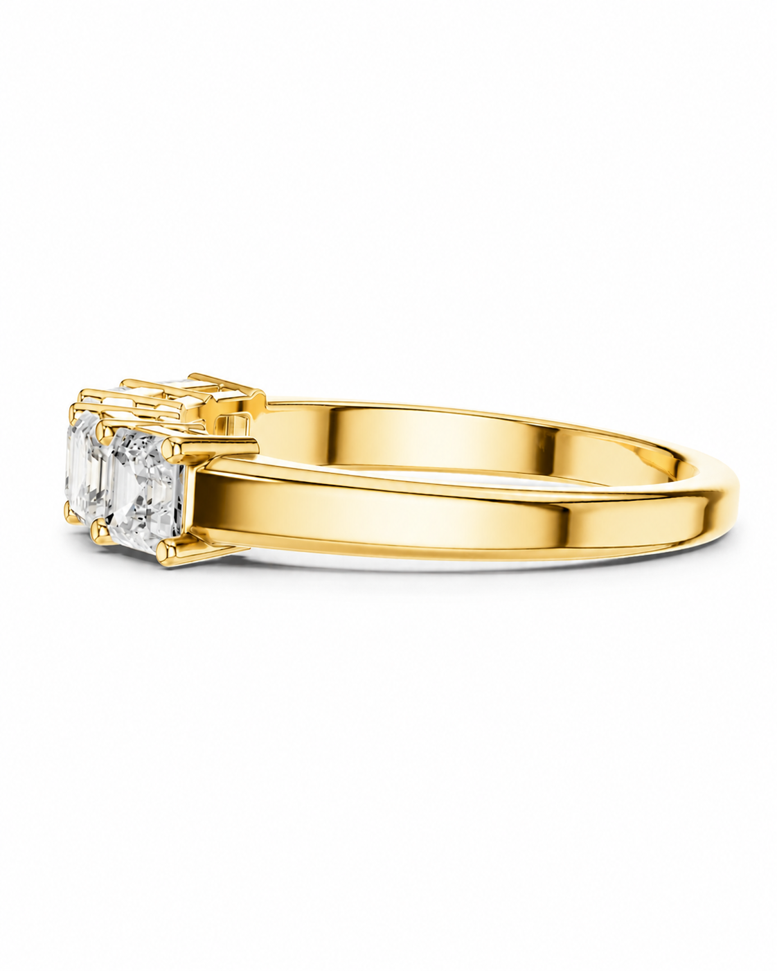 color_10K_YG, color_14K_YG &&A yellow gold ring featuring a double emerald-cut diamond setting, shown in a side profile on a clean white background.