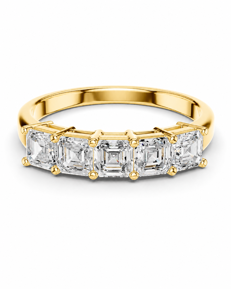 color_10K_YG, color_14K_YG &&A yellow gold five-stone diamond ring featuring baguette-cut diamonds in a prong setting, shown on a clean white background.