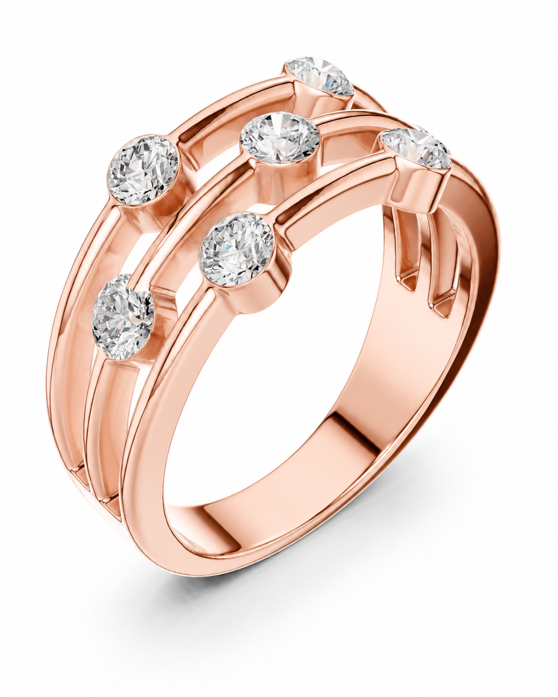 color_10K_RG, color_14K_RG &&A rose gold ring with a multi-band design featuring six round-cut clear gemstones, shown on a clean white background.