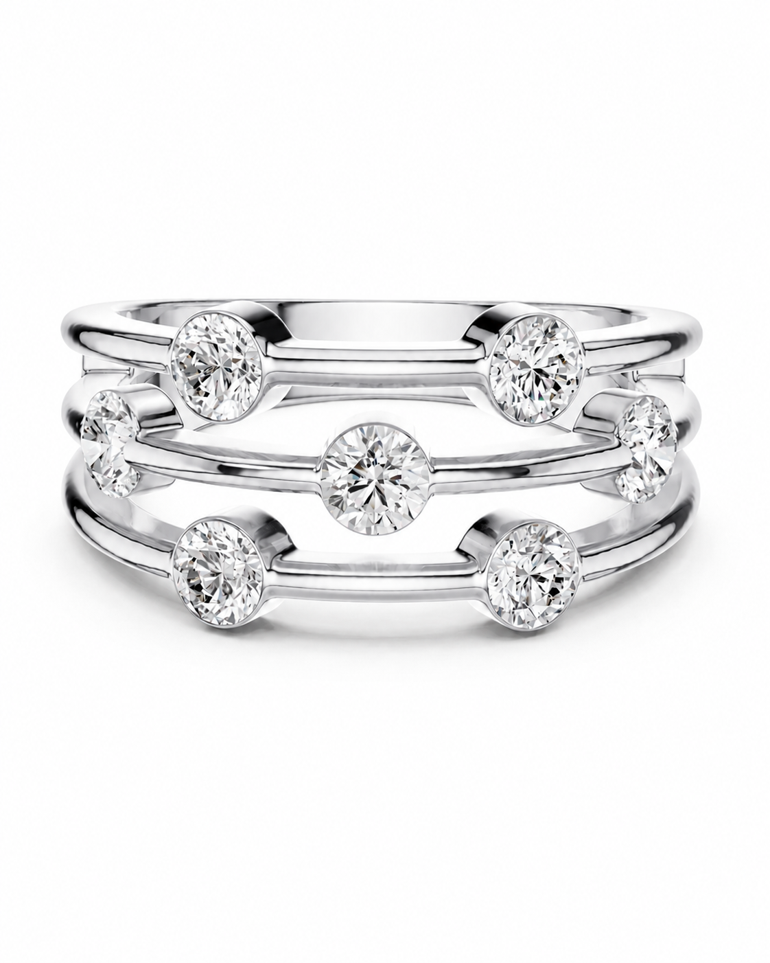 color_925_SIL,color_935_ARG,color_10K_WG, color_14K_WG &&A silver-toned multi-band ring featuring multiple round-cut clear gemstones in bezel settings, photographed on a clean white background.