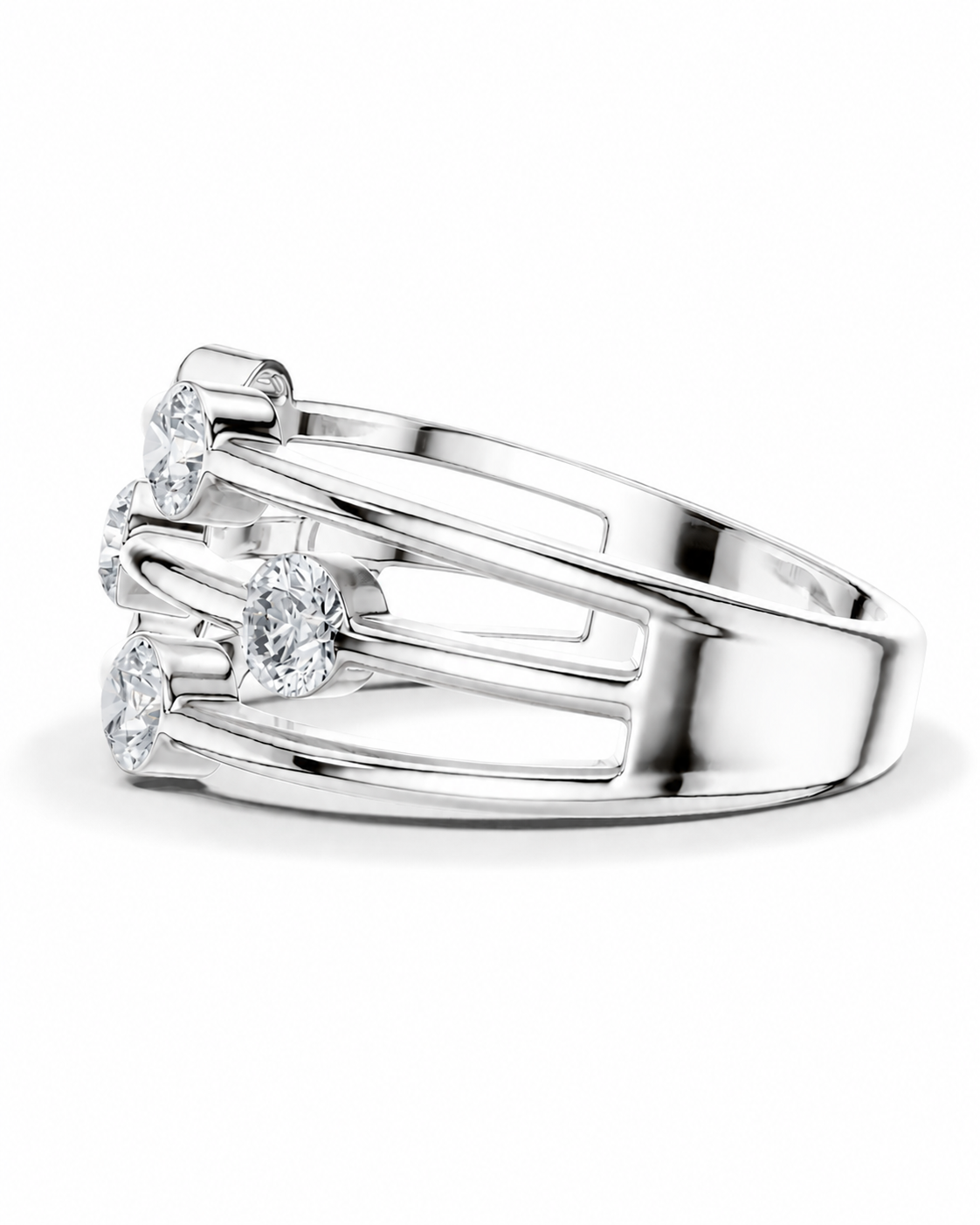 color_925_SIL,color_935_ARG,color_10K_WG, color_14K_WG &&A silver-tone ring featuring three round-cut clear gemstones in a multi-prong setting, shown on a clean white background.