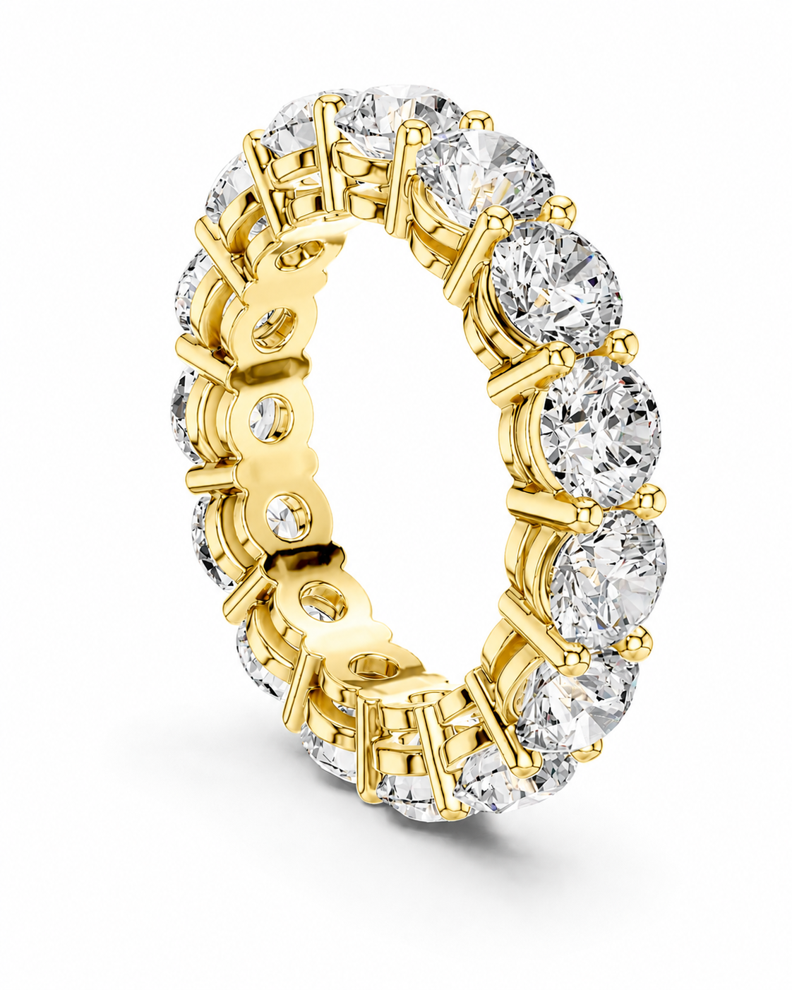 color_10K_YG, color_14K_YG &&A yellow gold eternity ring set with round brilliant-cut diamonds, shown at an angle on a clean white background.