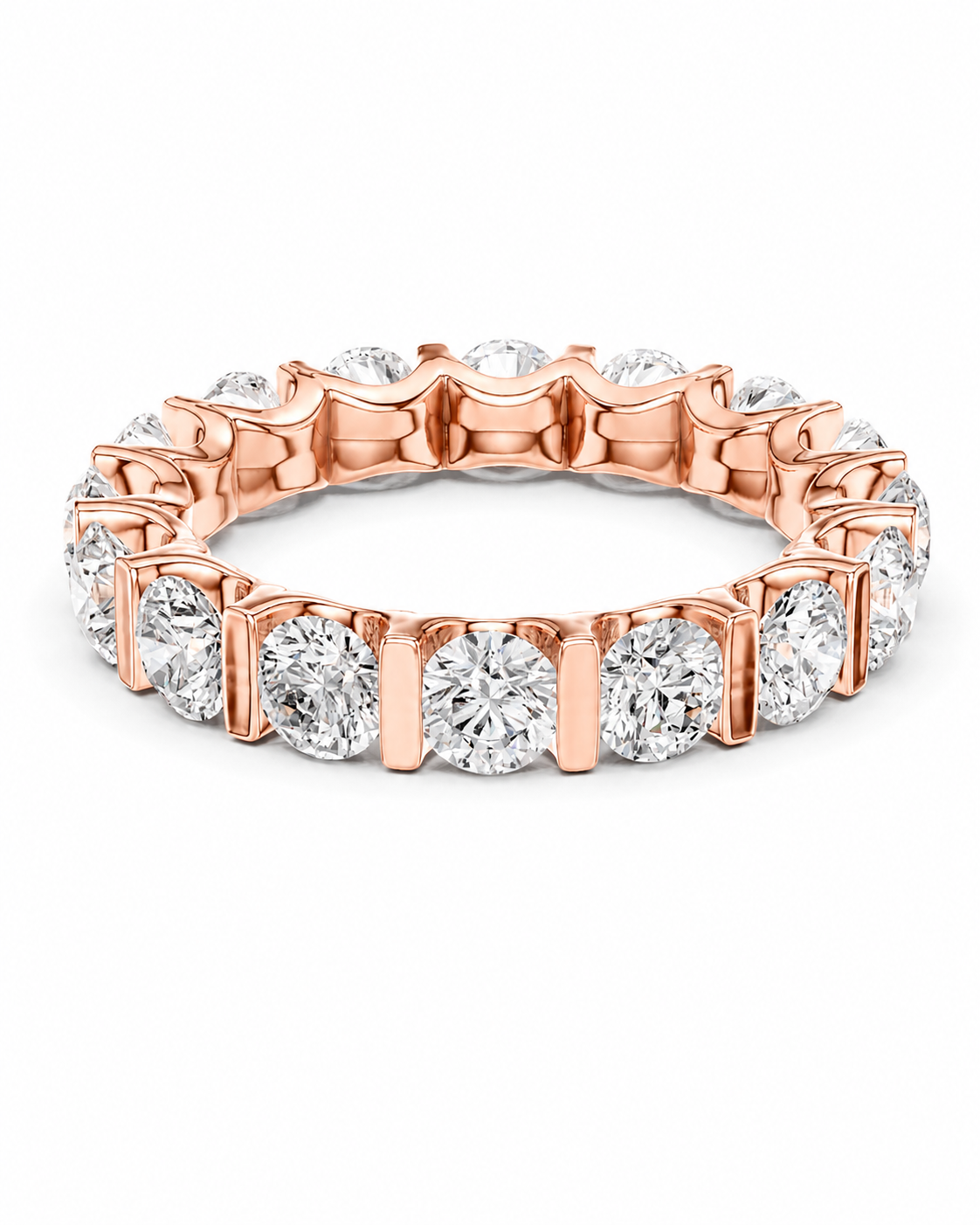 color_10K_RG, color_14K_RG &&A rose gold eternity ring featuring round brilliant-cut diamonds set in a continuous band, shown on a clean white background.