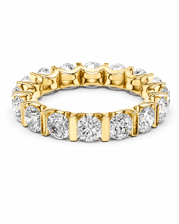 color_10K_YG, color_14K_YG &&A yellow gold eternity ring set with round brilliant-cut diamonds, shown on a clean white background.