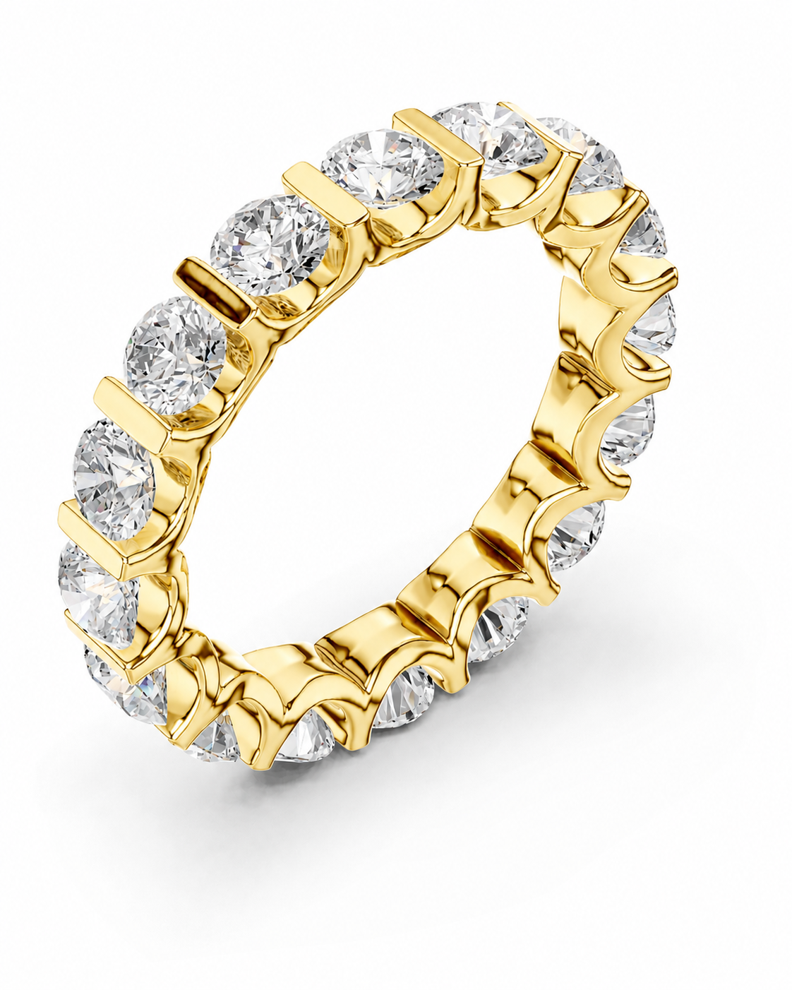 color_10K_YG, color_14K_YG &&A yellow gold eternity ring featuring a continuous row of round brilliant-cut clear gemstones in a prong setting, shown on a clean white background.