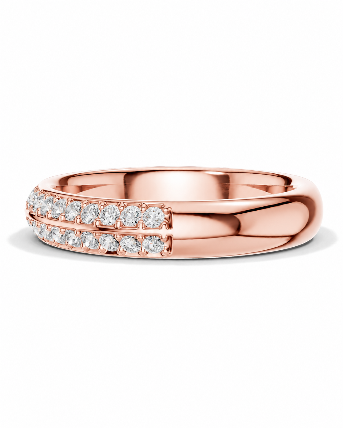 color_10K_RG, color_14K_RG &&A rose gold double-row diamond band ring, featuring rows of round-cut clear diamonds set in polished rose gold, shown on a clean white background.