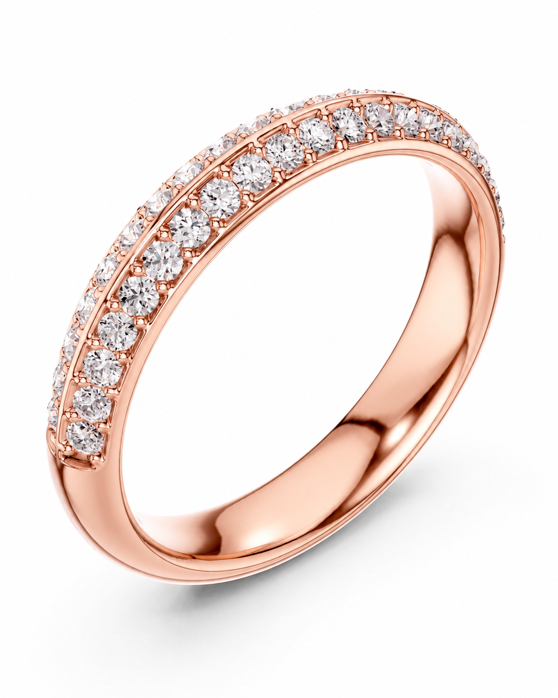 color_10K_RG, color_14K_RG &&A rose gold eternity ring featuring two rows of round-cut clear diamonds set in a polished band, shown on a clean white background.
