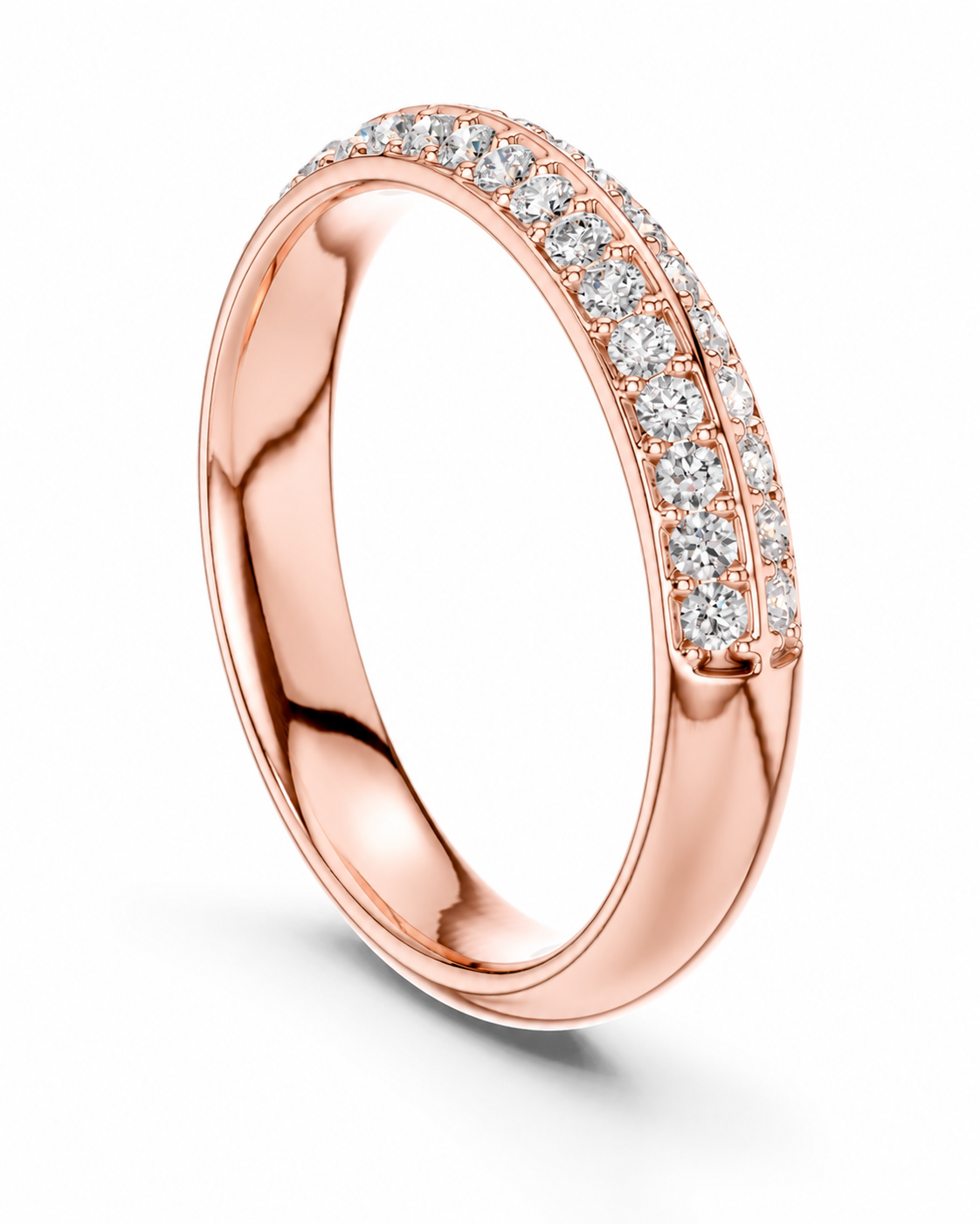 color_10K_RG, color_14K_RG &&A rose gold eternity ring featuring a double row of round brilliant-cut diamonds, shown on a clean white background with a soft shadow.