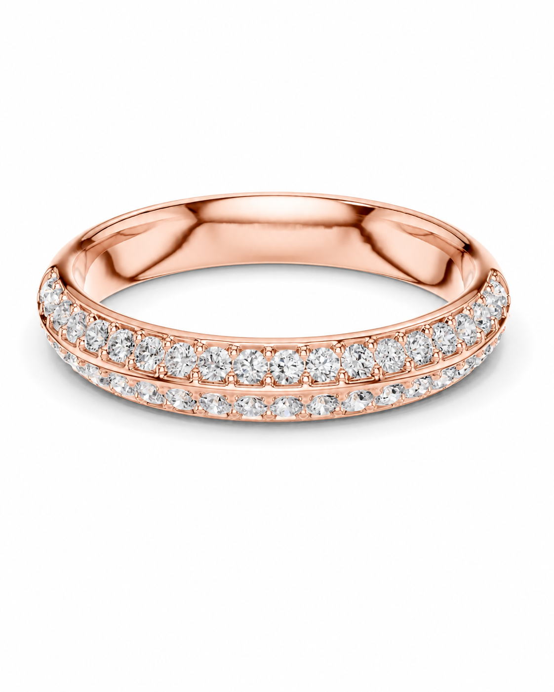 color_10K_RG, color_14K_RG &&A rose gold eternity ring featuring double rows of round-cut clear gemstones, shown on a clean white background.