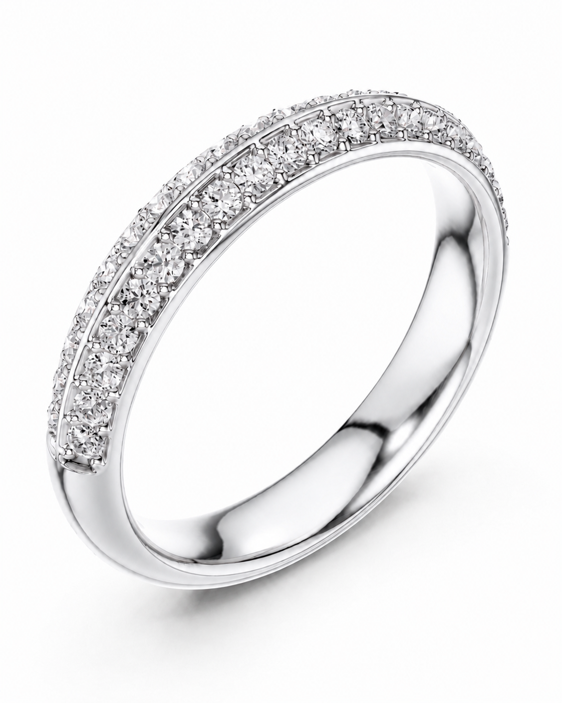 color_925_SIL,color_935_ARG,color_10K_WG, color_14K_WG &&A silver-colored diamond band ring with a double row of pavé-set clear stones on a clean white background.