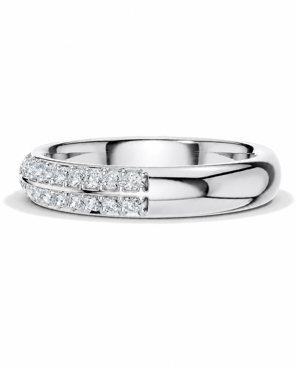 color_925_SIL,color_935_ARG,color_10K_WG, color_14K_WG &&A polished silver-tone ring featuring two rows of pavé-set clear stones on one half of the band, photographed on a clean white background.