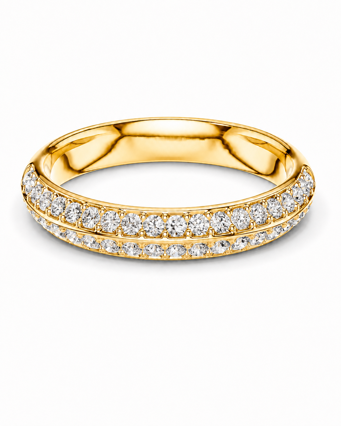 color_10K_YG, color_14K_YG &&A yellow gold eternity ring featuring two rows of round-cut clear gemstones, photographed on a clean white background.