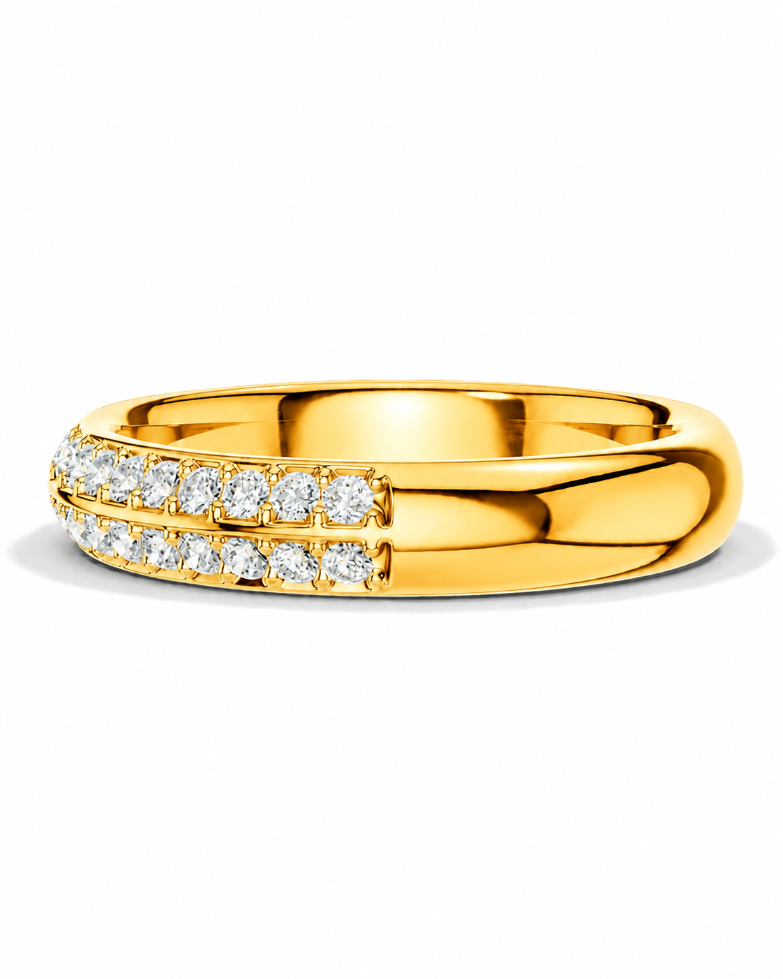 color_10K_YG, color_14K_YG &&A yellow gold band ring featuring two rows of round-cut clear pavé diamonds on one half of the band, set against a clean white background.