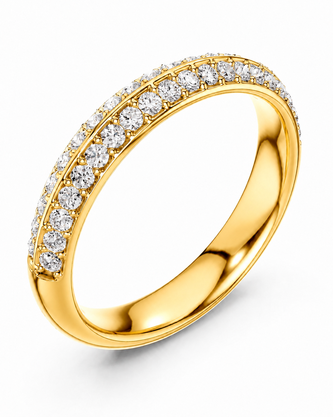 color_10K_YG, color_14K_YG &&A yellow gold eternity-style ring featuring a double row of round brilliant-cut clear gemstones on a clean white background.