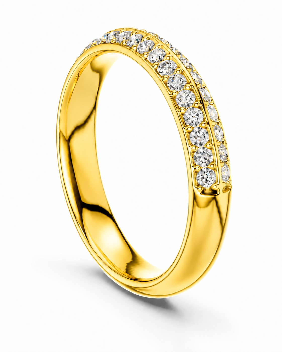 color_10K_YG, color_14K_YG &&A polished yellow gold eternity-style ring with a double row of round-cut clear gemstones along the upper band, shown on a clean white background.