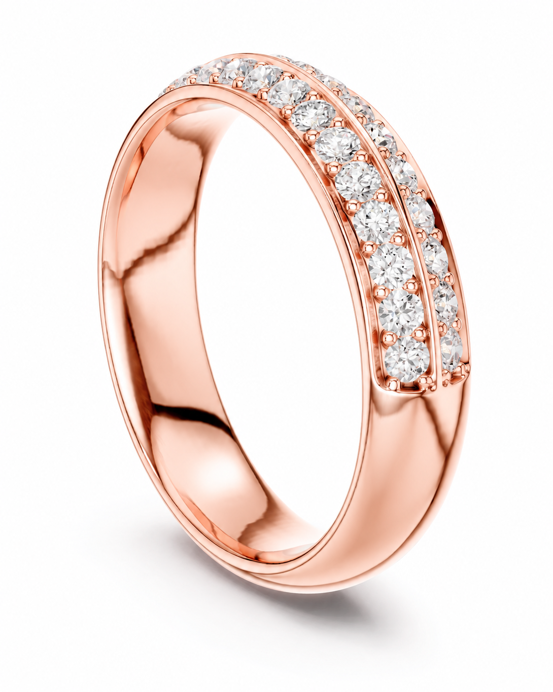color_10K_RG, color_14K_RG &&A rose gold band ring featuring two parallel rows of clear pavé-set round diamonds on a clean white background.