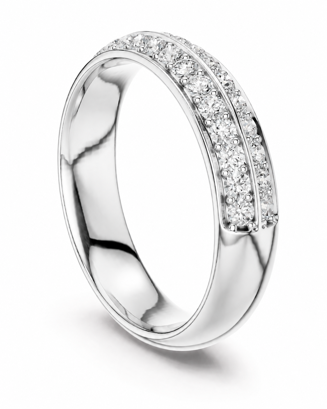 color_925_SIL,color_935_ARG,color_10K_WG, color_14K_WG &&A polished silver-tone band ring featuring two parallel rows of clear pavé-set gemstones on a white background.