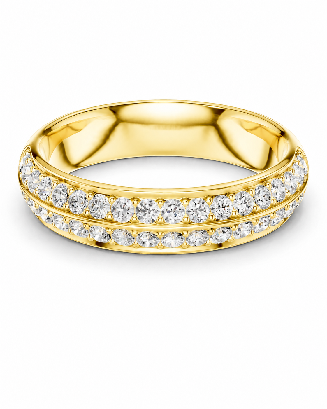 color_10K_YG, color_14K_YG &&A yellow gold eternity ring featuring two rows of round-cut clear gemstones, shown on a clean white background.