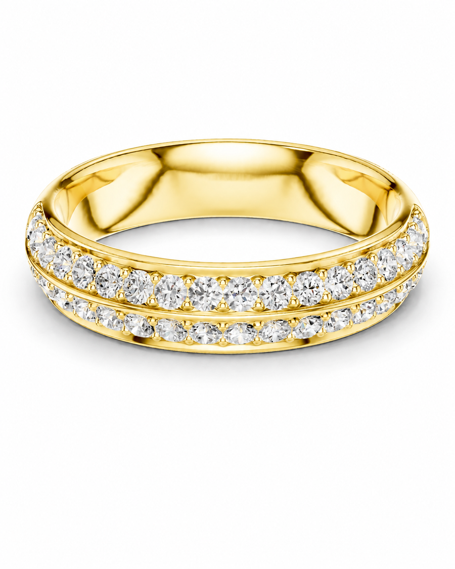 color_10K_YG, color_14K_YG &&A yellow gold eternity ring featuring two rows of round-cut clear gemstones, shown on a clean white background.