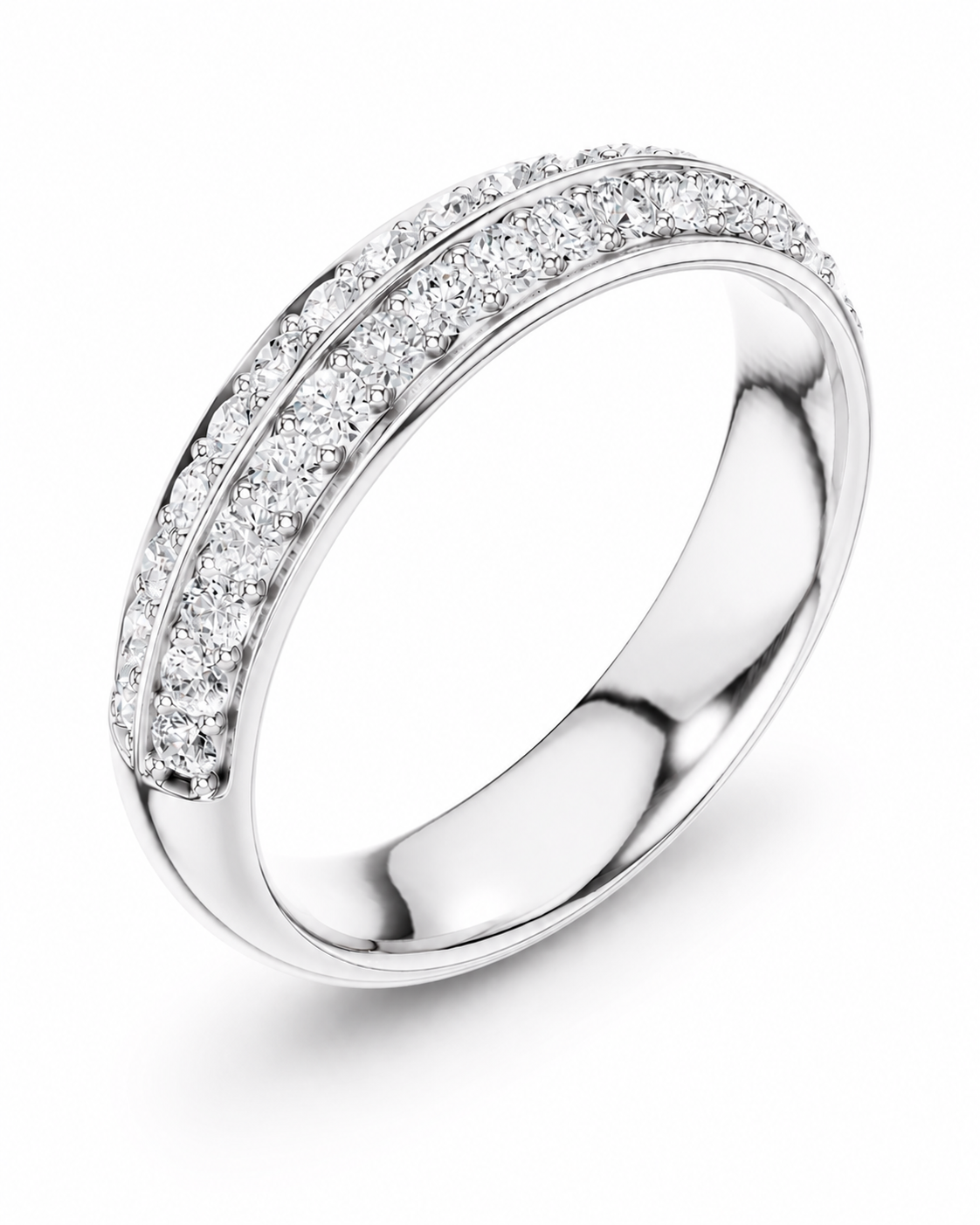 color_925_SIL,color_935_ARG,color_10K_WG, color_14K_WG &&A silver double-row diamond band ring, photographed at an angle on a clean white background.