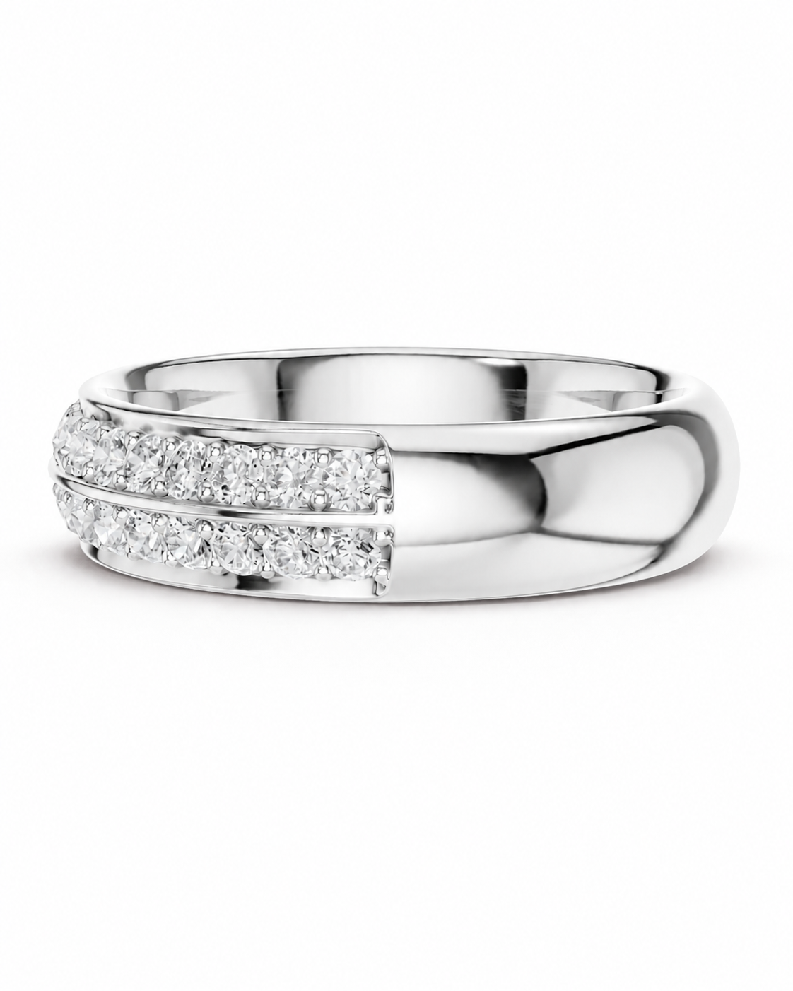 color_925_SIL,color_935_ARG,color_10K_WG, color_14K_WG &&A polished silver band ring featuring two rows of small clear pavé diamonds on the front half, photographed on a clean white background.