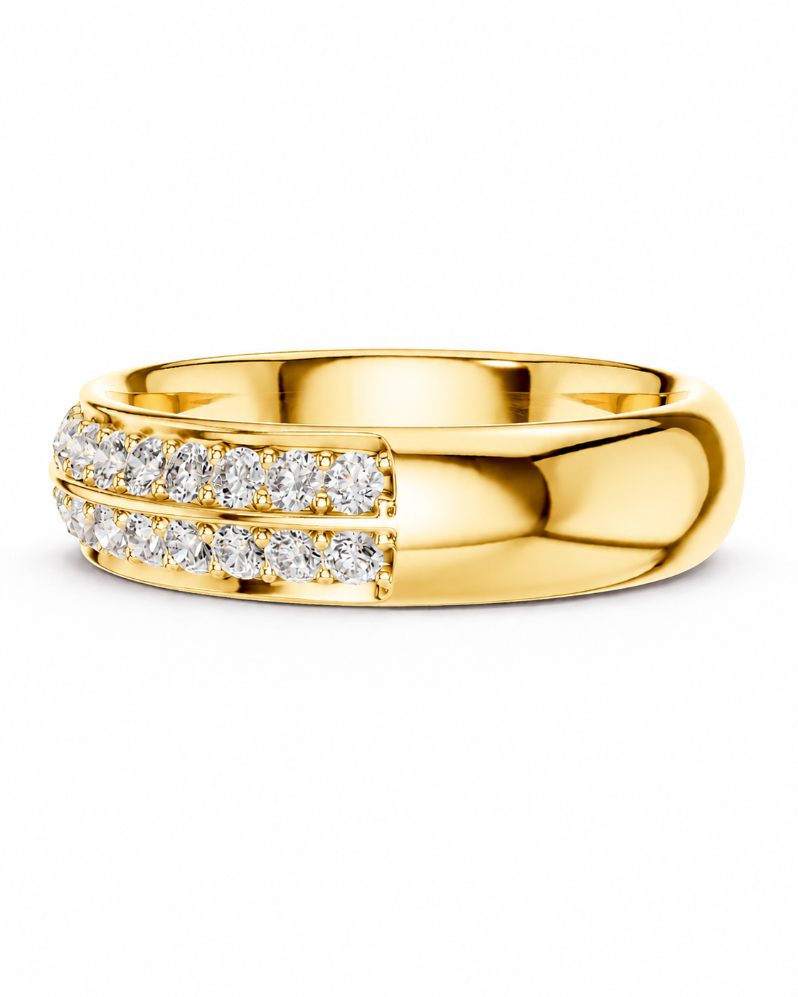 color_10K_YG, color_14K_YG &&A yellow gold ring featuring two rows of round-cut clear gemstones on the front, set against a plain white background.