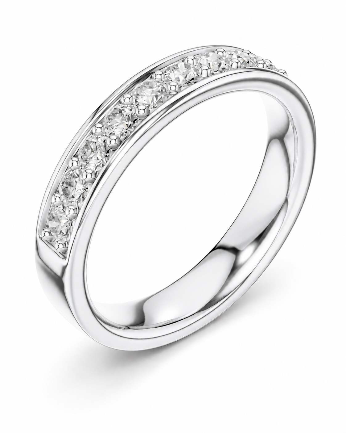 color_925_SIL,color_935_ARG,color_10K_WG, color_14K_WG &&A polished silver band ring featuring a channel-set row of clear cubic zirconia stones along the upper curve, shown on a clean white background.