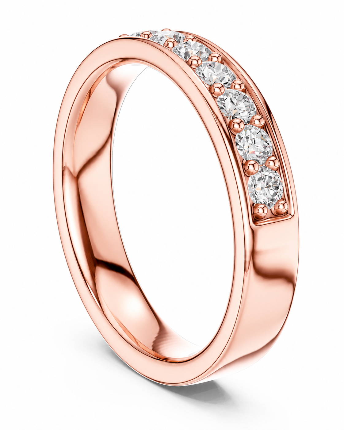 color_10K_RG, color_14K_RG &&A rose gold eternity-style band ring featuring a channel-set row of clear round-cut gemstones along the upper outer edge, shown on a clean white background.