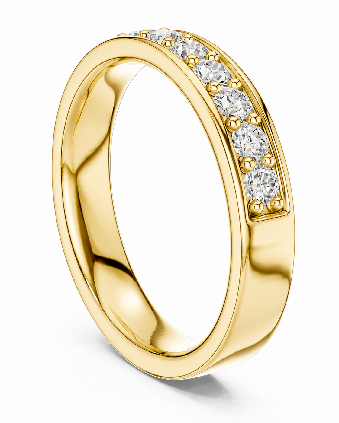 color_10K_YG, color_14K_YG &&A yellow gold eternity-style ring featuring a channel-set row of clear round gemstones along the upper outer edge, shown on a clean white background.
