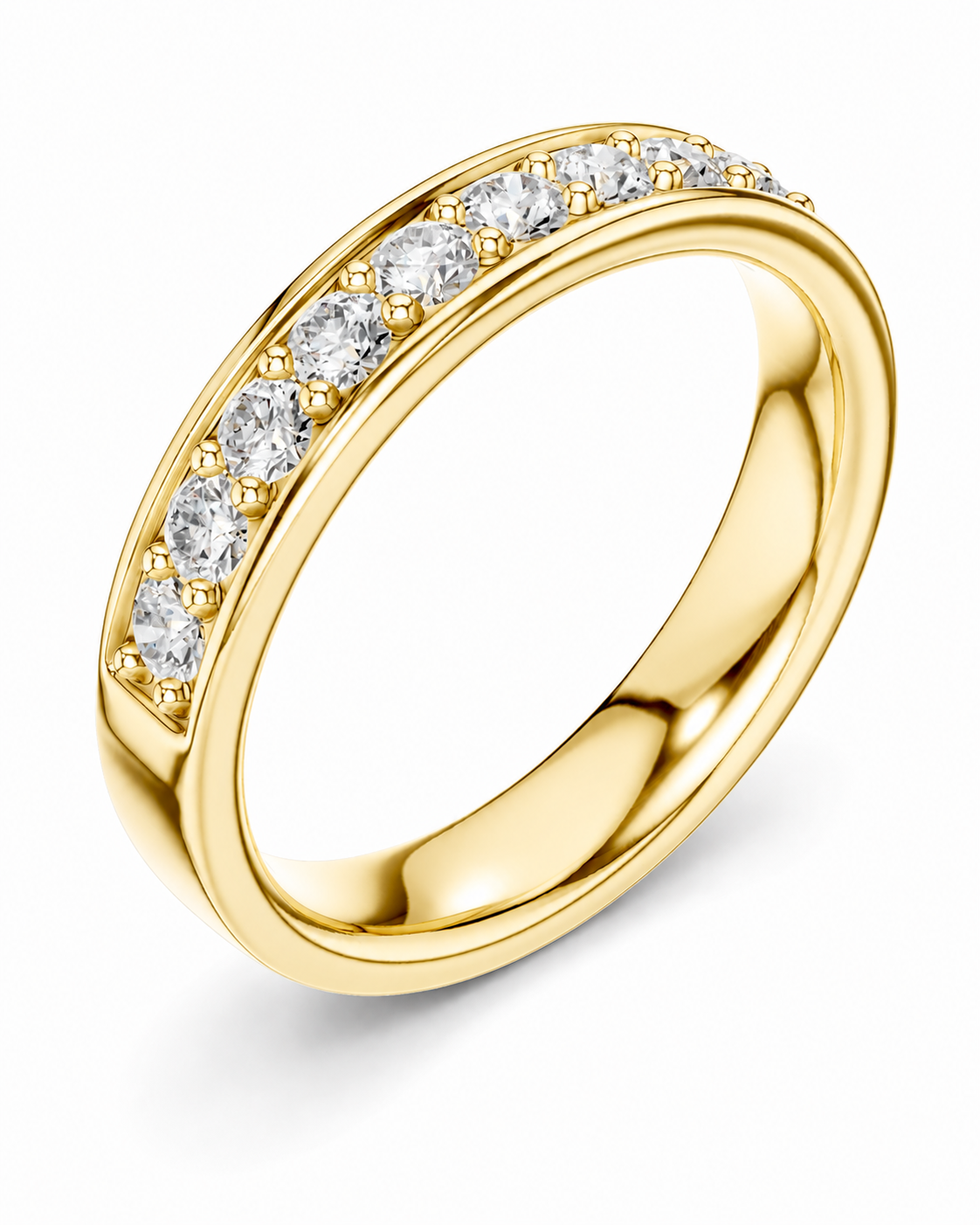 color_10K_YG, color_14K_YG &&A polished yellow gold eternity-style ring featuring a single row of round brilliant-cut clear gemstones along the upper half, shown on a clean white background.