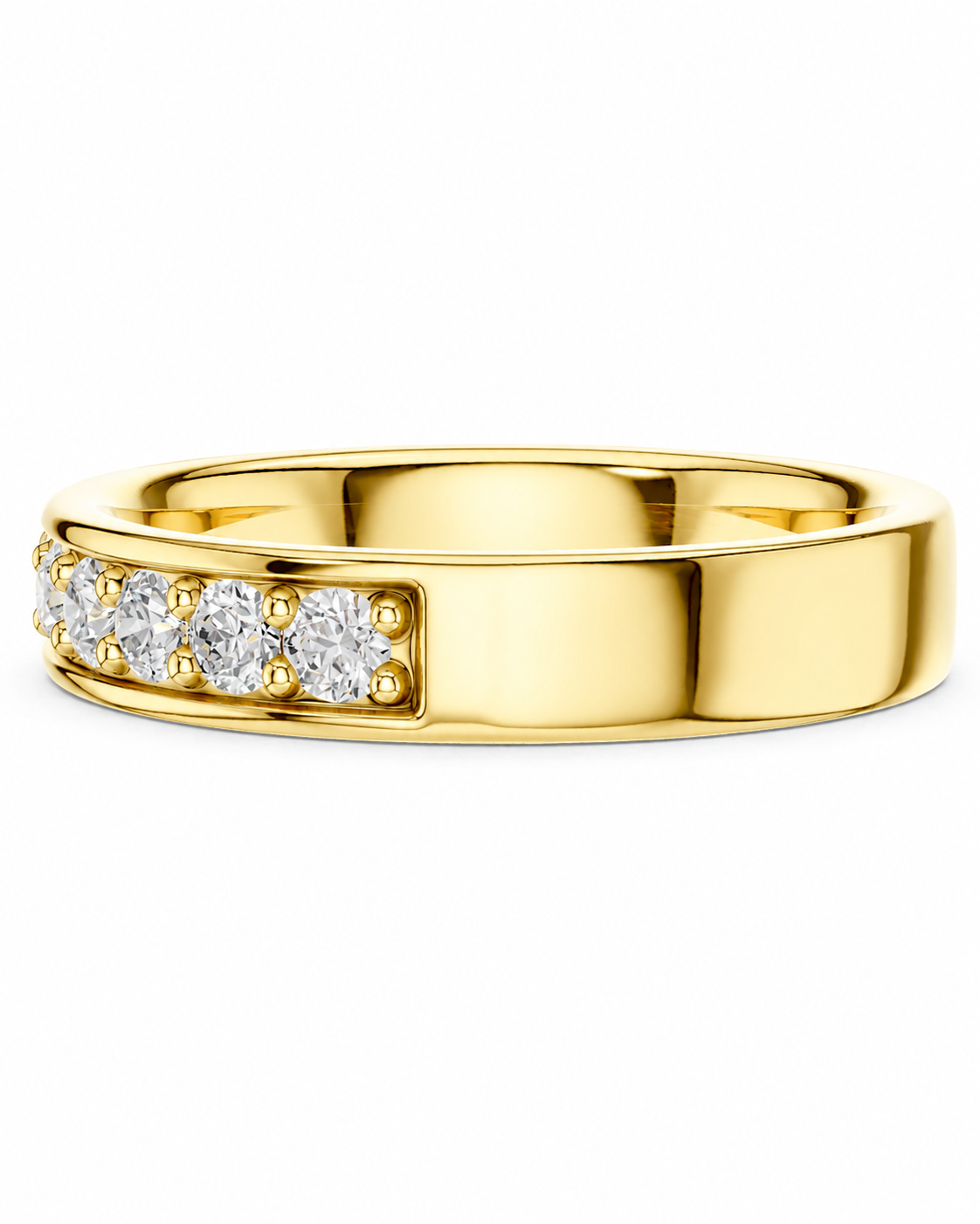 color_10K_YG, color_14K_YG &&A yellow gold band ring featuring a row of clear round-cut gemstones in a rectangular bezel setting on the front, shown against a plain white background.