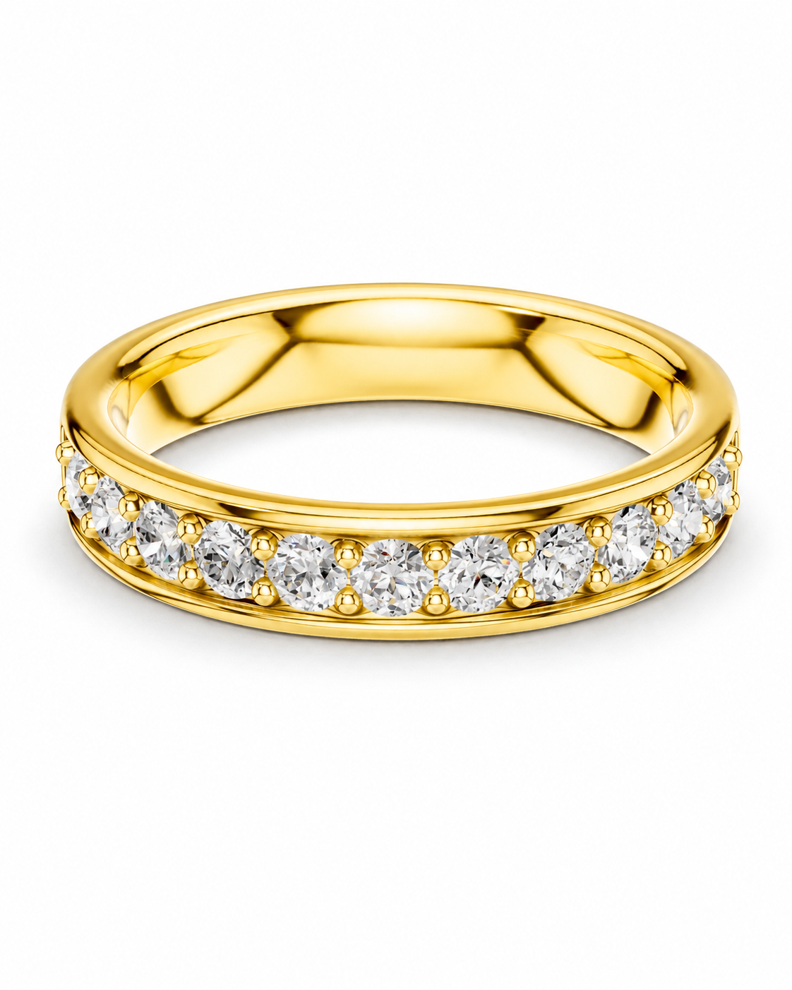 color_10K_YG, color_14K_YG &&A yellow gold eternity ring featuring a channel-set row of round brilliant-cut diamonds on a clean white background.