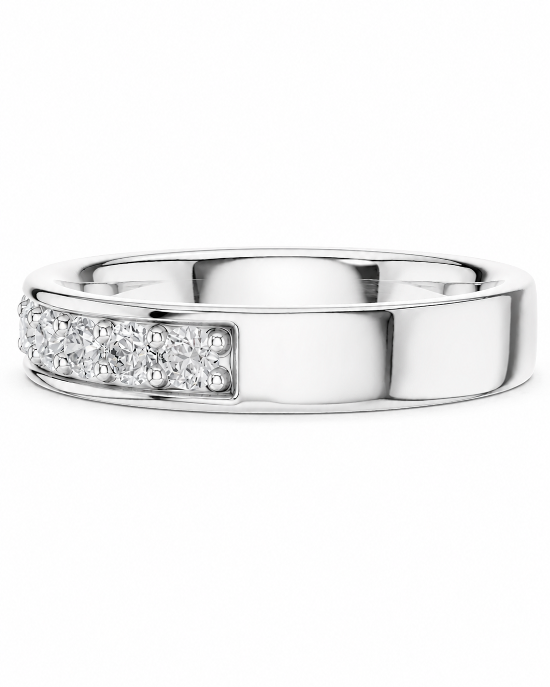 color_925_SIL,color_935_ARG,color_10K_WG, color_14K_WG &&A polished silver band ring featuring a rectangular inset paved with small clear stones on one side, shown against a plain white background.