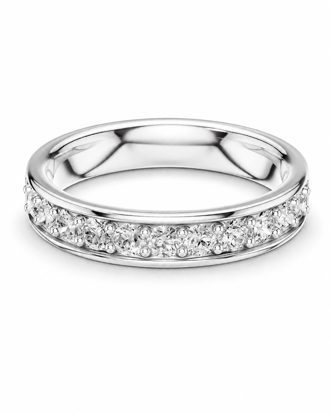 color_925_SIL,color_935_ARG,color_10K_WG, color_14K_WG &&A polished silver-tone band ring featuring a single row of small clear gemstones along the outer band, photographed on a clean white background.