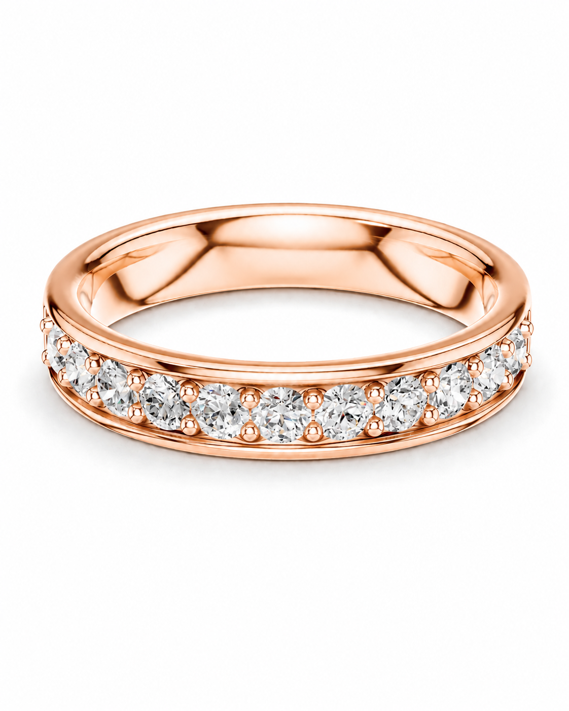 color_10K_RG, color_14K_RG &&A rose gold eternity ring featuring a channel-set row of round brilliant-cut diamonds on a clean white background.