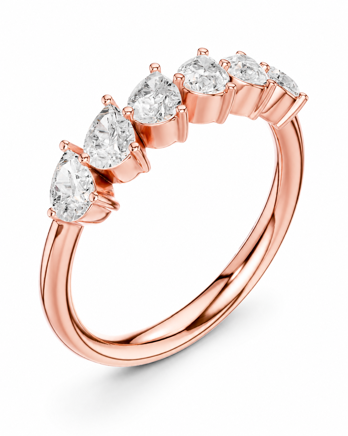 color_10K_RG, color_14K_RG &&A rose gold ring featuring five pear-cut clear gemstones in a row, set in a polished band on a clean white background.