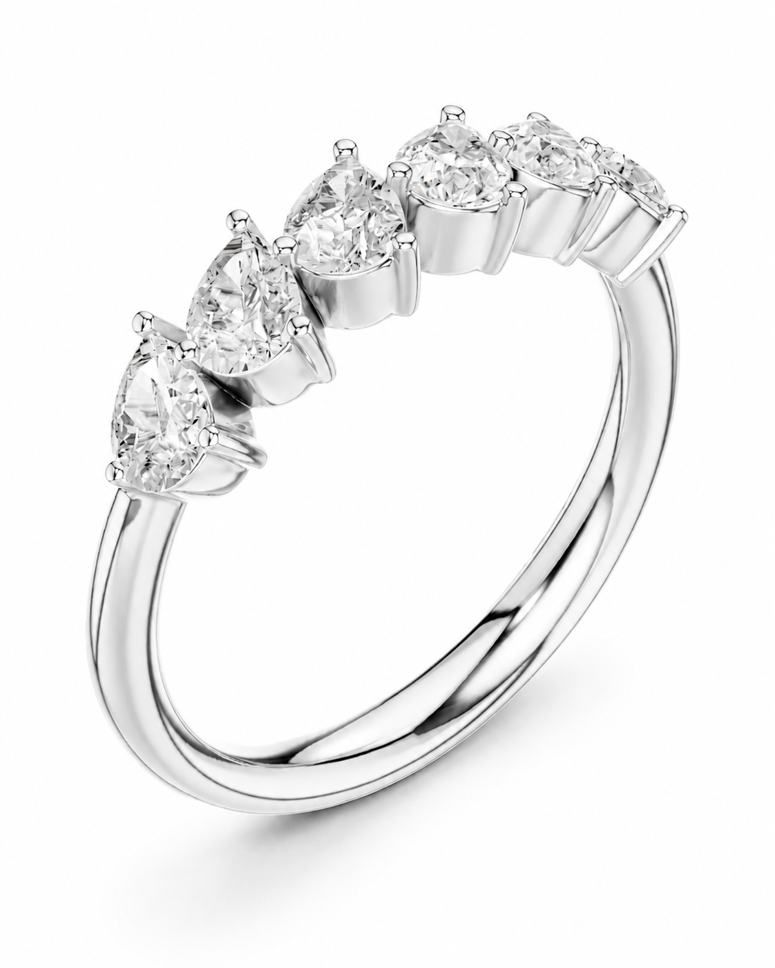 color_925_SIL,color_935_ARG,color_10K_WG, color_14K_WG &&A silver five-stone diamond ring featuring pear-cut and round diamonds set in a polished silver band, shown on a clean white background.
